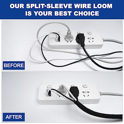 Split-Sleeve Wire Loom for High-Temperature Automotive Harness and Home Cable Management, 25ft - 1/2 inch Braided Cable Management Sleeve Cord Protector, Self-Wrapping Split Wire Loom - size: 1/2"