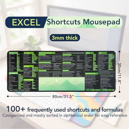 Excel Shortcuts Mousepad, Large Excel Mouse Pad for Desk Water-Resistant Office Mousepad with Stitched Edge and Anti-Slip Base (Green) - color: Green