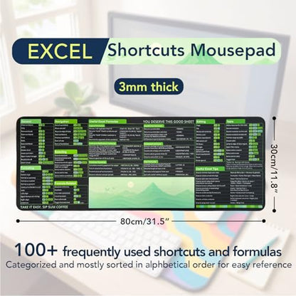 Excel Shortcuts Mousepad, Large Excel Mouse Pad for Desk Water-Resistant Office Mousepad with Stitched Edge and Anti-Slip Base (Green) - color: Green