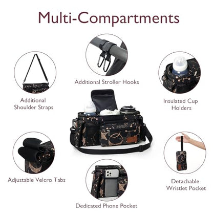 Momcozy Universal Baby Stroller Organizer, 2 Insulated Cup Holder, Detachable Zippered Pocket, Adjustable Shoulder Strap, Large capacity for baby essentials, Compact Design Fits Any Strollers - color: Starry