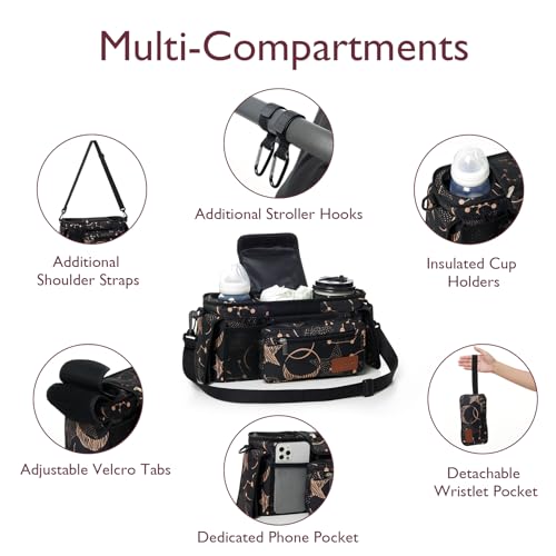 Momcozy Universal Baby Stroller Organizer, 2 Insulated Cup Holder, Detachable Zippered Pocket, Adjustable Shoulder Strap, Large capacity for baby essentials, Compact Design Fits Any Strollers - color: Starry