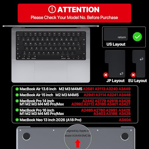 Soonjet Premium Keyboard Cover Protector, Ultra Thin Keyboard Skin for 2026 2025-2021 M5/M4/M3/M2/M1 Pro/Max MacBook Pro 14/16, M5-M2 MacBook Air 13/15, US ANSI Layout - color: Translucent Tinted