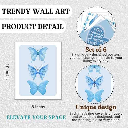 Isfvqyub Preppy Blue And White Butterfly Wall Art, Aesthetic Balloon Dog Poster For Girl Boy, Trendy Coquette Bow Wall Decor For Bedroom Dorm College Apartment Office, Set Of 6 -A07 - size: Blue And White Butterfly