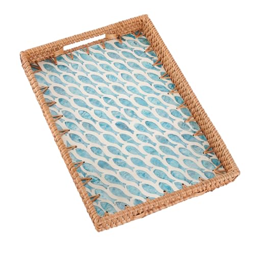 Rectangle Rattan Tray with Mother of Pearl Inlay, Rattan Serving Tray with Handle for Coffee, Bread, Fruits, Snacks, Decorative Wicker Tray for Table Decor (Rectangle Turquoise Fish, 13"×9") - color: Turquoise Fish