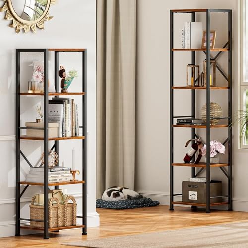 Furologee 6 Tier Tall Bookshelf, Industrial Narrow Bookcase, Display Standing Shelf Units, Metal and Wood Storage Rack Organizer for Living Room, Home Office, Entryway, Kitchen, Rustic Brown - color: Rustic Brown, size: 6 Tier - 15.3"W