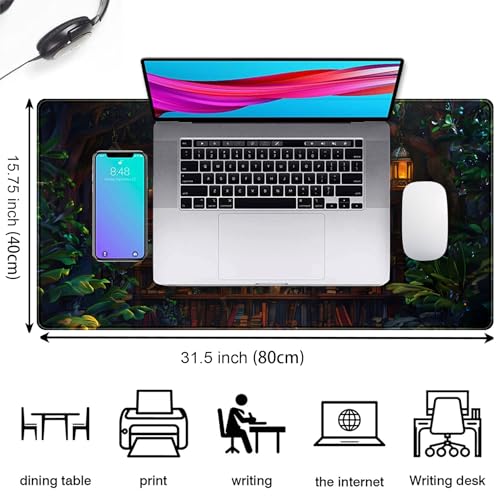 Large Desk Pad Anime Mouse Mat, Extended Gaming Mouse Pad Forest Library Keyboard Pad, Computer Desktop Pad Full Desk Mat XXL, Magical Cottagecore Decor for Office Laptop 31.5x15.7 Inch - color: Green Plant Library