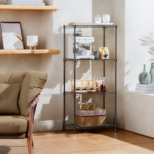 IZEUK 4-Tier Black Steel Storage Shelves, Heavy Duty Utility Wire Rack Organizer for Kitchen, Office, Home, 1000 lbs, 13.7" D x 23.6" W x 53.4" H - color: Black, size: 4-Tier,13.7" D x 23.6" W x 53.4" H