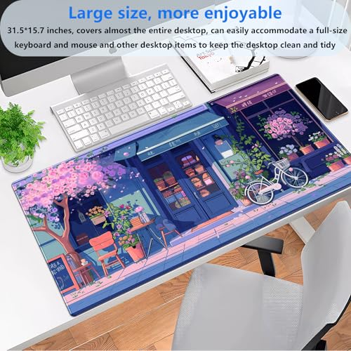 Pink Cherry Blossom Extended Gaming Mouse Pad Anime Flower Shop Desk Mat | Beautiful large desk mat featuring a cozy anime flower shop scene. Perfect for aesthetic purple desk decor. - color: Lofi Street Shop