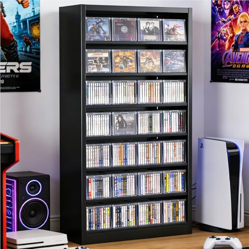 Metal DVD Storage Shelves, 7-Tier CD Storage Rack with Adjustable Shelves, DVD Organizer Shelf, Media Cabinet for CD Holder, Movies, Blu rays, Games for Living Room & Home Office (Black) - color: Black-7 Tier