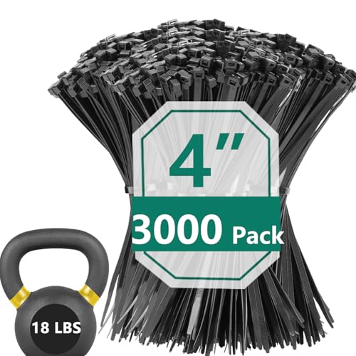 3000 Pack 4 Inch Black Zip Ties, 18 LBS Cable Ties, UV Resistant Nylon Wire Ties, Self-Locking Plastic Straps for Indoor & Outdoor Use - size: 18LBS-4inch-3000pcs