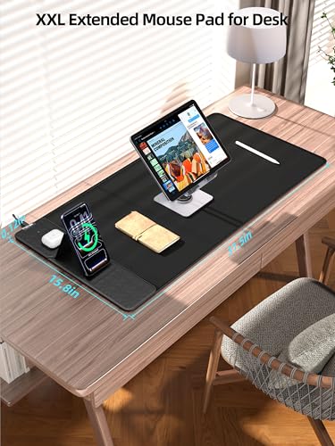 Mouse Pad with Magnetic Wireless Charging & Adjustable Phone Stand, 31.5"x15.8" Extended Desk Mat, Waterproof Ultra-Smooth Keyboard Pad, Non-Slip Base, with 20W PD Adapter, Black - color: Black-31.5"x15.8"-Magnetic Stand(with Adapter)