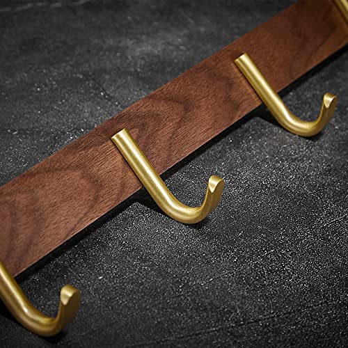 Wall Mounted Coat Rack, Entryway Hanging Rack with Rustic Hooks for Coat, Scarf, Bag, Towel, Key, Cap, Hat - Walnut Gold Matt (5 Hooks - J Shape) - size: 5 Hooks - J Shape