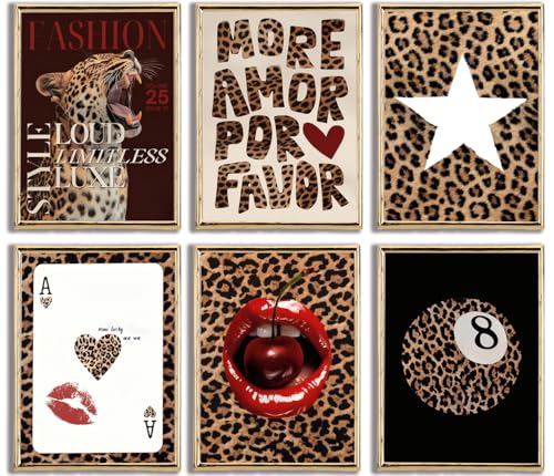 GJJXYCZF 6pcs Trendy Leopard Wall Art Prints, Preppy Cheetah Aesthetic Posters Set, Funky Lips Cherry Lucky Ace Card Star 8 Ball Room Decor for Girls Bedroom, Apartment Dorm, 8"x10" Unframed - color: Leopard