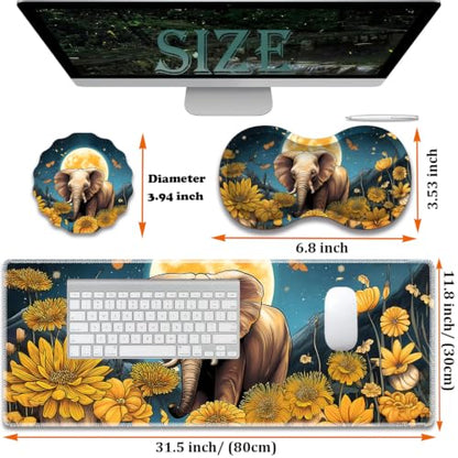 Large Gaming Mouse Pad + Wrist Rest+ Coaster Combo, 31.5 "x 11.8" Durable Non-Slip Extension Table Mat, Suitable for Office and Home, Flower Field Baby Elephant - color: Flower Field Baby Elephant