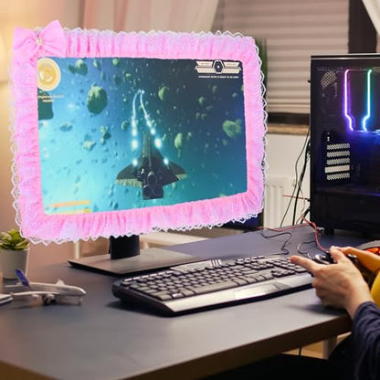 23''-27'' Pink Monitor Cover Lace, Cute Computer Monitor Decor with Bow, Adjustable Monitors Frame, Monitors Cover Cute for Women