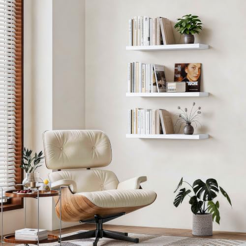BAYKA White Floating Shelves for Wall, Set of 3, 22.5 Inches Wall Mounted Rustic Wood Shelves for Bathroom, Bedroom, Living Room or Kitchen, Hanging Shelf for Books/Storage/Decor/Display - color: C. White - Modern Minimalist Style, size: 22.5inches
