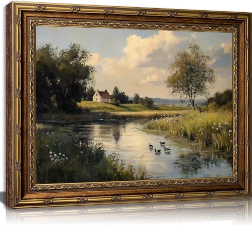 Electrilucn Vintage Gold Framed Rustic River Landscape Canvas Wall Art Retro Rural Scenery Wall Decor Ducks Cottage Art Country Farmhouse Painting Picture for Living Room Bedroom Home Decor 12x16in - color: River Ducks, size: 16"L x 12"W