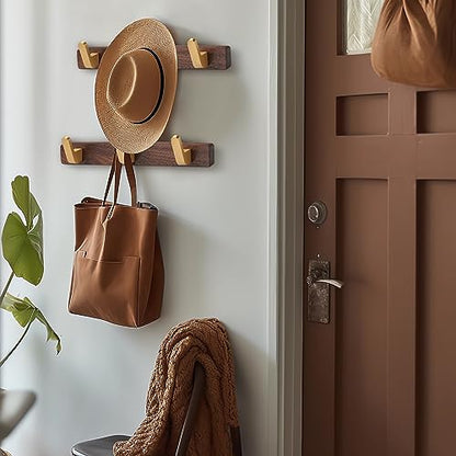 Wall Mounted Coat Rack, Entryway Hanging Coat Rack, Metal Wood Coat Rail with 3 Rustic Hooks Rail for Coat, Scarf, Bag, Towel, Key, Cap, Hat, Walnut Gold Matt - size: 3 Hooks - Curve Shape