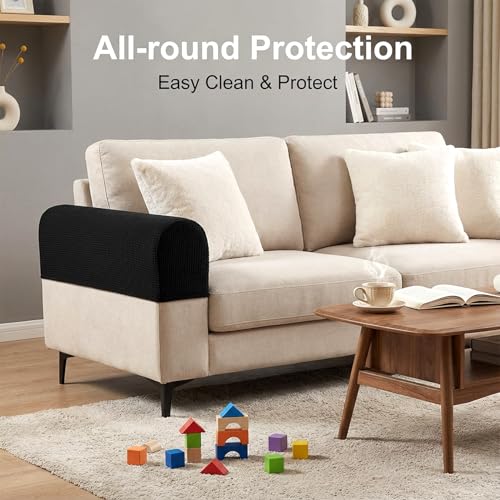 RAINFLOW Stretch Armrest Covers for Sofa - Couch Arm Covers for Recliner, Anti-Slip Furniture Protector for Dogs, Cats, Kids – Soft, Durable, Machine Washable (Black, Set of 2)