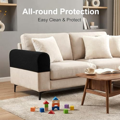 RAINFLOW Stretch Armrest Covers for Sofa - Couch Arm Covers for Recliner, Anti-Slip Furniture Protector for Dogs, Cats, Kids – Soft, Durable, Machine Washable (Black, Set of 2)
