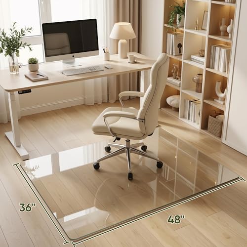 Tempered Glass Chair Mat for Hardwood Floor, 36" x 48" Heavy Duty Glass Office Chair Mat, for Low Pile Carpet, 0.2" Thick with 4 Non-Slip Pads, Smooth Rolling for Home & Office - size: 36" x 48"