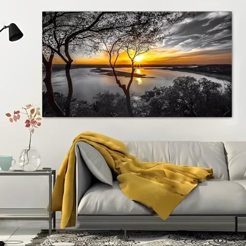 Sunset Over Lake From Hilltop Rustic Canvas Wall Art - 12x24in Unframed Poster- Home & Office Decor for Living Room, Bedroom, Kitchen & Cafe - color: Sunset Over Lake
