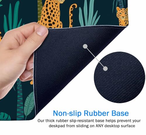 Gaming Mouse Pad XXL XL Large Mouse Pad Mat Long Extended Mousepad Desk Pad Non-Slip Rubber Mouse Pads Stitched Edges Thin Pad (31.5x11.8x0.12 Inch)-Leopard Pattern with Tropical Leaves - color: Leopard Pattern With Tropical Leaves, size: 31.5L x 11.8W in
