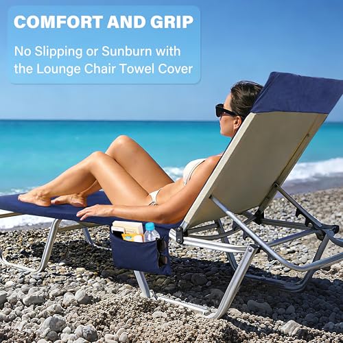 Tirrinia Lounge Chair Towel Cover with Fitted Top Pocket, DIY Pillow Design (Stuff with Clothes or Towels), Beach Chair Cover for Pool Lounge Chairs, Chaise Lounge Towel Cover, Soft & Quick Dry - color: Navy