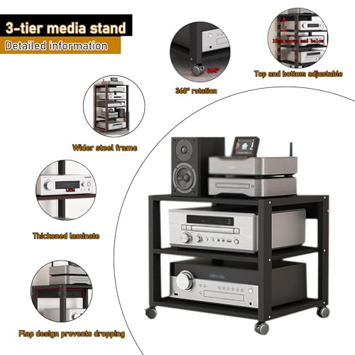 3 Tier Audio Rack Tower, CD Record Player Stereo Receiver AV Equipment Cabinet Display Rack, Weight Capacity 661 lbs, with Adjustable Wooden Shelves for Home (3 Tier Black) - size: 3 Tier Black