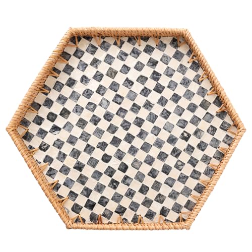 Hexagon Rattan Tray with Mother of Pearl Inlay, Rattan Serving Tray for Coffee, Bread, Fruits, Snacks, Decorative Wicker Tray for Table Decor, Home Decor (Black Checker, 14.5"×12.8") - color: Black Checker