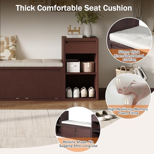 JIJIWANG 77.48" W Entryway Storage Bench with Cushion, 4-in-1 Hallway Bench with Drawers, Compartments and Open Shelves, Mudroom Bench for Shoes and Storage, Espresso - color: Espresso