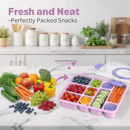 Snackle Box Container for Adults with 10 Compartment, Divided Serving Tray with Lid and Handle and 2 Sauce Containers, Portable Snack Box Container for Charcuterie Party Travel, Purple - color: Purple