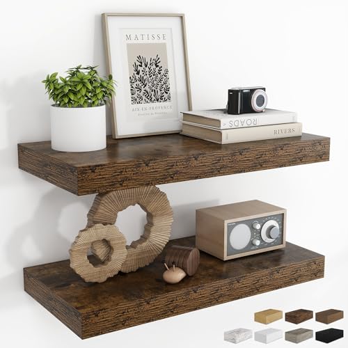 RICHFOCUS 20Inch Floating Shelves for Wall 2 Pack Shelves for Bedroom|Kitchen|Bathroom|Laundry Room Rustic Wood Wall Mounted Shelf with Invisible Brackets for Books|Storage|Decor, Rustic Brown - color: Rustic Brown, size: 20"L x 8"D, Set of 2