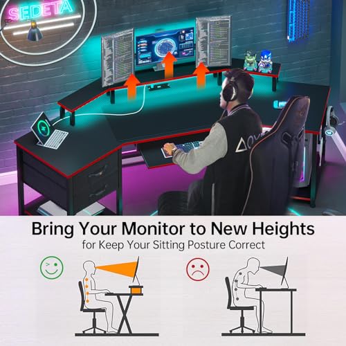 SEDETA 79" Gaming Desk, Computer Desk with 2 Fabric Drawers & LED Light, L Shaped Gaming Desk with Storage Shelf for Home Office, Carbon Fiber Black&Red - color: Carbon Fiber Black&red