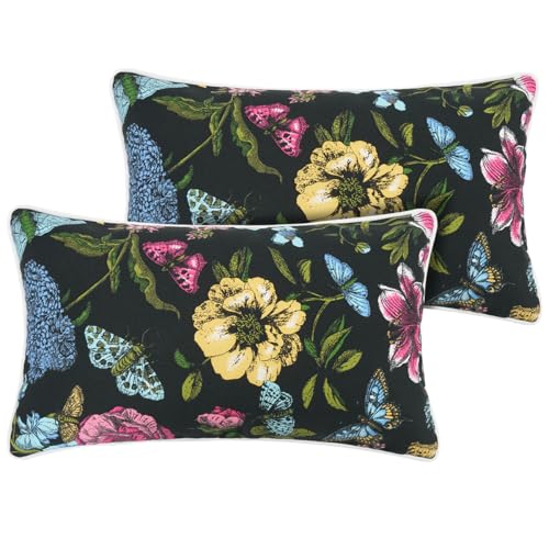 FUNHOME Set of 2 Patio Lumbar Pillows with Insert, 12”x20” Water-Repellent Fade Resistant Outdoor Lumbar Pillow, Decorative Garden Lumbar Cushions for Home Patio Coach Sofa Use-Black Flower Butterfly - color: Black Flower Butterfly, size: 20"L x 12"W(With