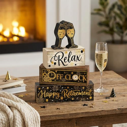 4 Pcs Retirement Party Decorations Gifts Happy Retirement Office Desk Table Decor Wooden Signs Funny Coworker Farewell Gift Shelf Sitter Home Tabletop Set - style: Retirement
