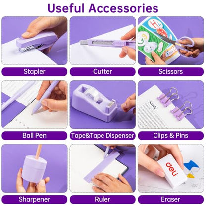 deli Office Supplies Set, Purple Desk Accessory Organizer Kit, Stapler Set, Rotating Multi-Functional Pen Holder, Tape Dispenser, Pens, Binder Clips, Sharpener, Scissor, Eraser, Purple Office Supplies - color: Purple