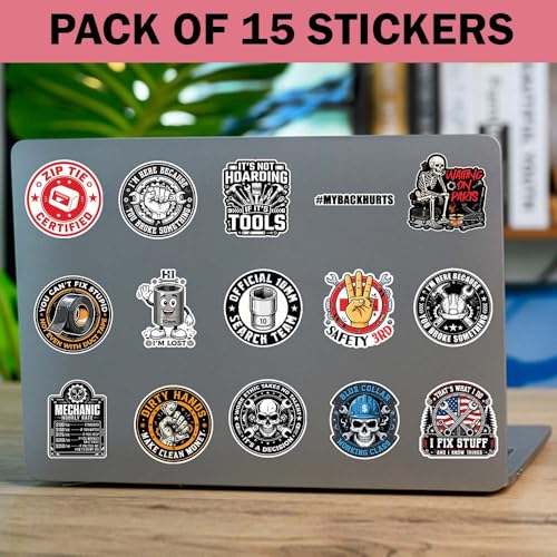 SODAVA (15Pcs, 3in) Mechanic Sticker Pack, Funny Hard Hat and Toolbox Stickers, Auto Repair Garage Decals, Welder Construction Worker Waterproof Vinyl Stickers for Laptop Water Bottle Helmet - color: Mechanic