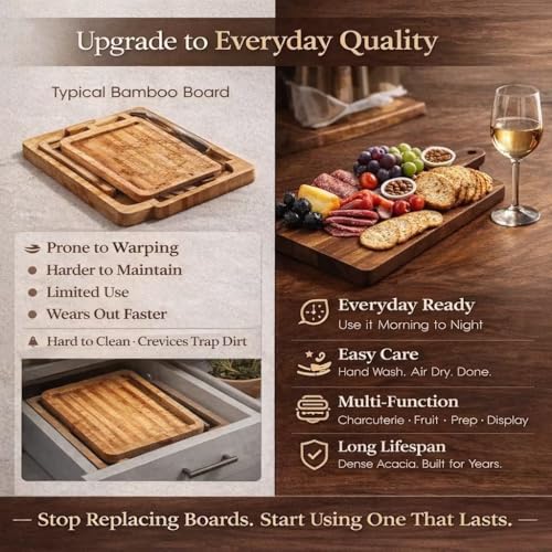 Charcuterie Board & Serving Tray with Handle, Large Acacia Wooden Cutting Board and Cheese Board Set for Serving, Appetizers, Entertaining & Housewarming Gift - size: 20 inch