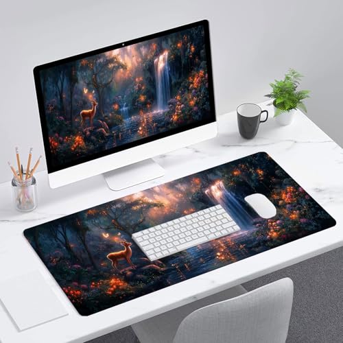 Deer Desk Mat Gaming Mouse Pad 31.5 x 11.8 Inch Nature Forest Waterfall Dreamy Landscape Mousepad XL Large Gaming Mouse Pad Laptop Keyboard Mat Desk Pad Office Computer Keyboard Laptop Home - color: Deer, size: 11.8W x 31.5L inches