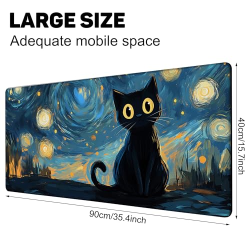 Black Cat Under Starry Night Gaming Mouse Pad Large Desk Mat Extended Keyboard Anime Mousepad with Non-Slip Base and Stitched Edge for Desk Home Office Gaming,35.4 x 15.7 Inch - color: Black Cat under Starry Night, size: 15.7*35.4inch