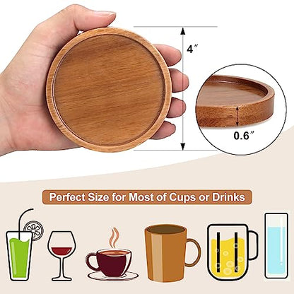 Rustic Wooden Coasters Set of 8 Farmhouse Coffee Table Decor Acacia Wood Drink Coaster with Holder Modern Outdoor Bar Cool Cup Costers Kitchen Accessories Decoration Home Dining Coasters Gift - style: 8 Pcs