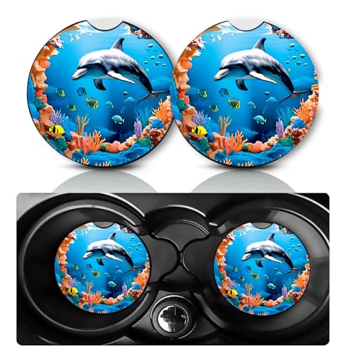 2 Pack Dolphin Car Cup Holder Coasters Neoprene Anti Slip Rubber Mat | Dolphins Car Accessories Interior Decor 2.75" Universal Size Insert Auto Coasters Dolphin Gifts for Women Men - color: Dolphin