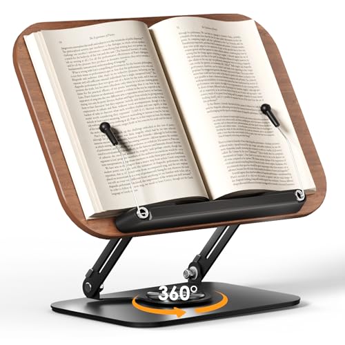SupeDesk Book Stand for Reading, Adjustable Book Holder with 360° Rotating Bases, Foldable Designs, and Elastic Clips, Multifunctional Display Stand for Recipe, Cookbooks, Magazines, Tablets, Laptops - color: Dark Wood