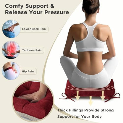 AddGrace Chair Cushions for Dining Chairs Set of 1 Kitchen Seat Cushions with Ties and Non Slip Backing Tufted Indoor Seat Pad for Kitchen Dining Room 18" x 17" x 3" Burgundy - color: Burgundy