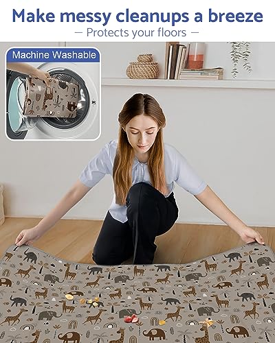 Blissful Diary Baby Splat Mat for Under High Chair, 50.4 x 50.4 Inch Wipeable Splash Mat, Waterproof and Washable, Anti-Slip Floor Protector, Elephant&Giraffe - color: Elephant&giraffe