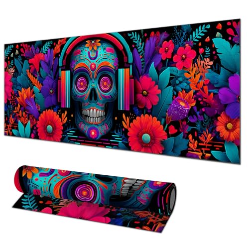 HOMETITUTE Neon Skull Floral Art XL Mouse Pad Gaming Mousepad 31.5x11.8 Inch Non-Slip Keyboard Desktop Protector Mat Diatomite Large Mouse Pad for Home and Office Desk Accessories - color: Neon Skull Floral Art