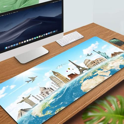 31.5x11.8 Inch Non-Slip Long Extended Large Gaming Mouse Pad with Stitched Edges XL Laptops Keyboard Mouse Mat(Travel World) - color: Travel World