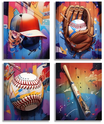 TOCDGOO Vintage Baseball Graffiti Art Canvas Prints - Inspirational Sports Posters for Boys Room, Man Cave, Retro Cool Wall Decor - Set of 4 (8x10 inches, Unframed) - color: Unframed (8"x10")-A