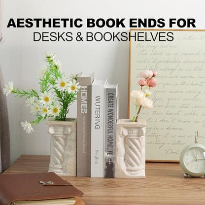 Roman Column Book Ends Decorative, 4-in-1 Heavy Duty Marble Bookend for Shelves, Unique Pen Holder & Mini Flower Vase, Classic Greek Statue for Office Home Desk Decor (2PC, Beige) - style: Classical -Beige